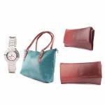 Combo of Seagreen Handbag + Brown Wallet + Women's Steel Watch